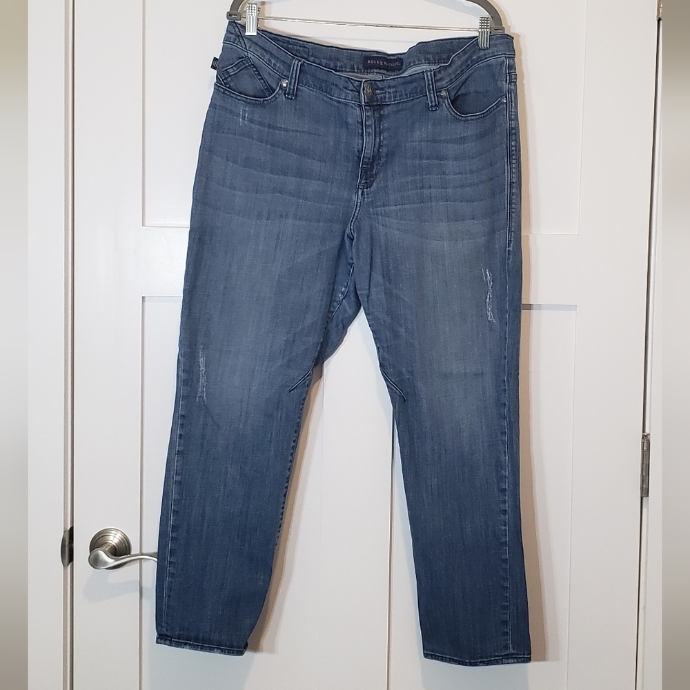 Rock & Republic EMO Blue Jeans Lightly Distressed Fading Whiskering Size 16